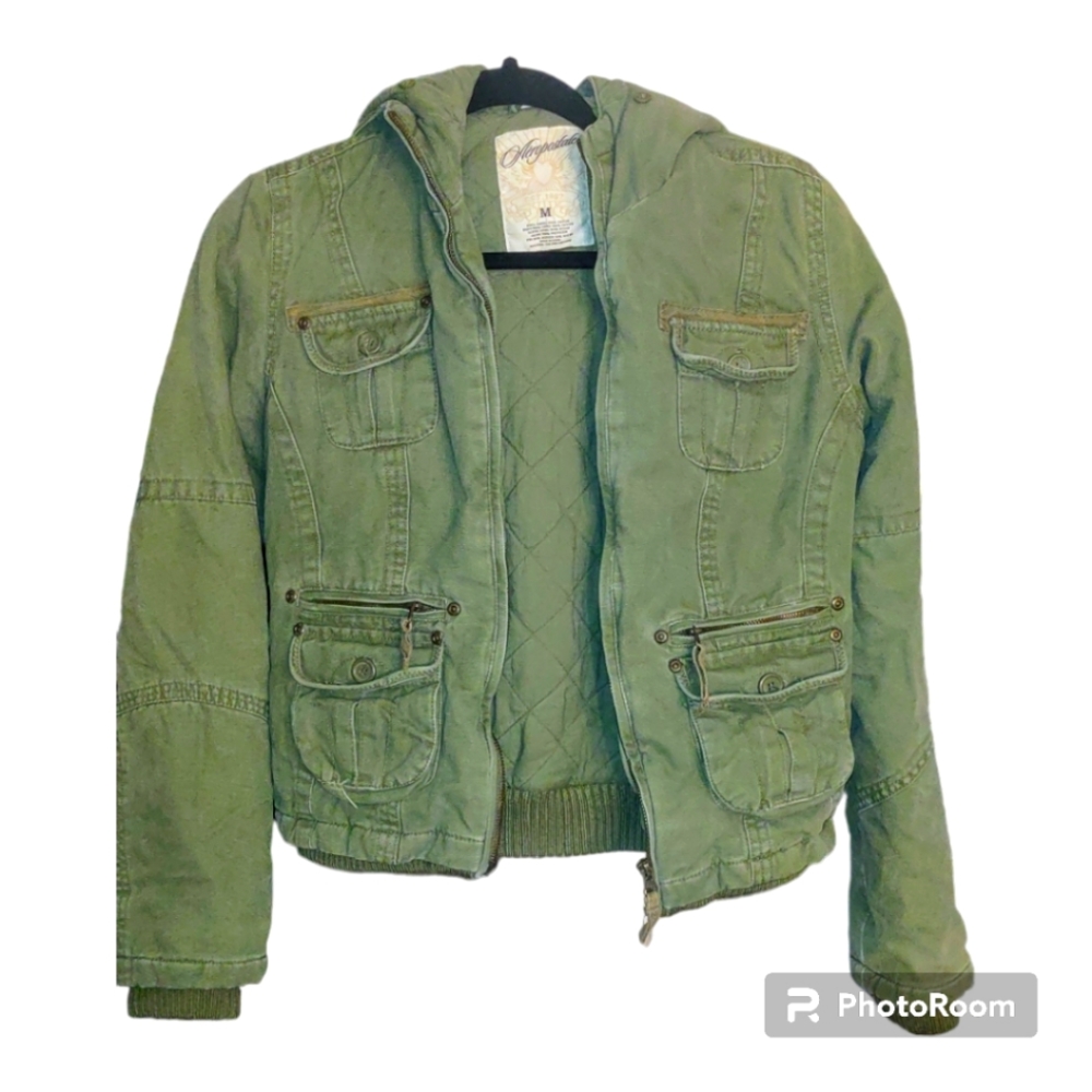 Aeropostale Women Army Green Military Style Full Zip Hooded Jacket